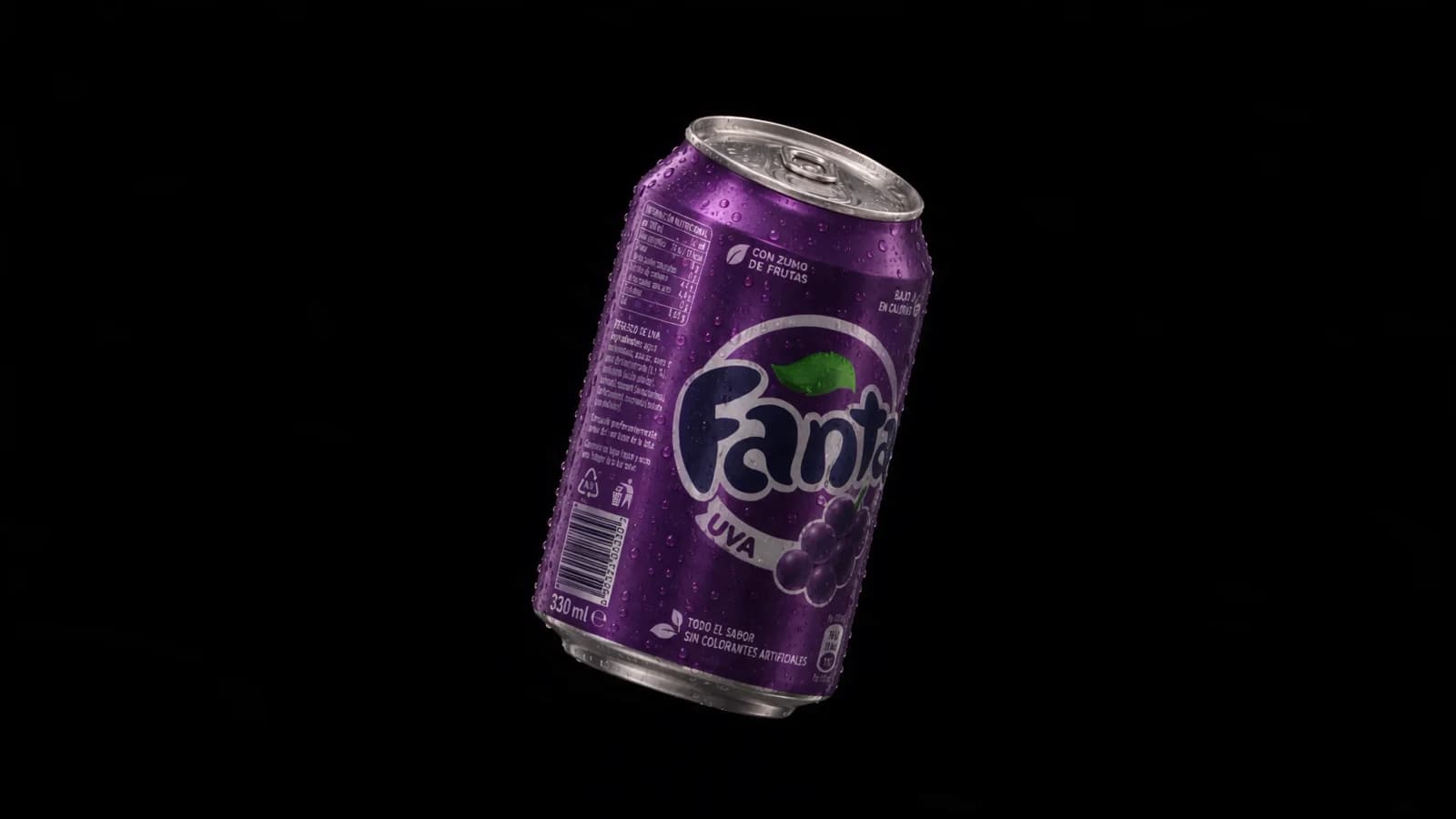 Lata violeta de Fanta Uva, concepto de web con movimiento