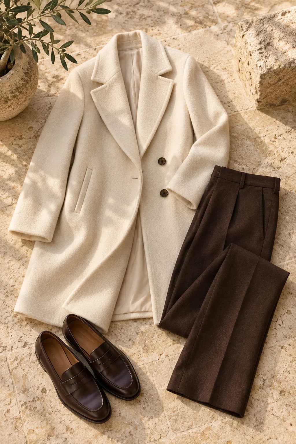 Abrigo crudo, pantalón marrón y mocasines: composición de prendas creada con GPT