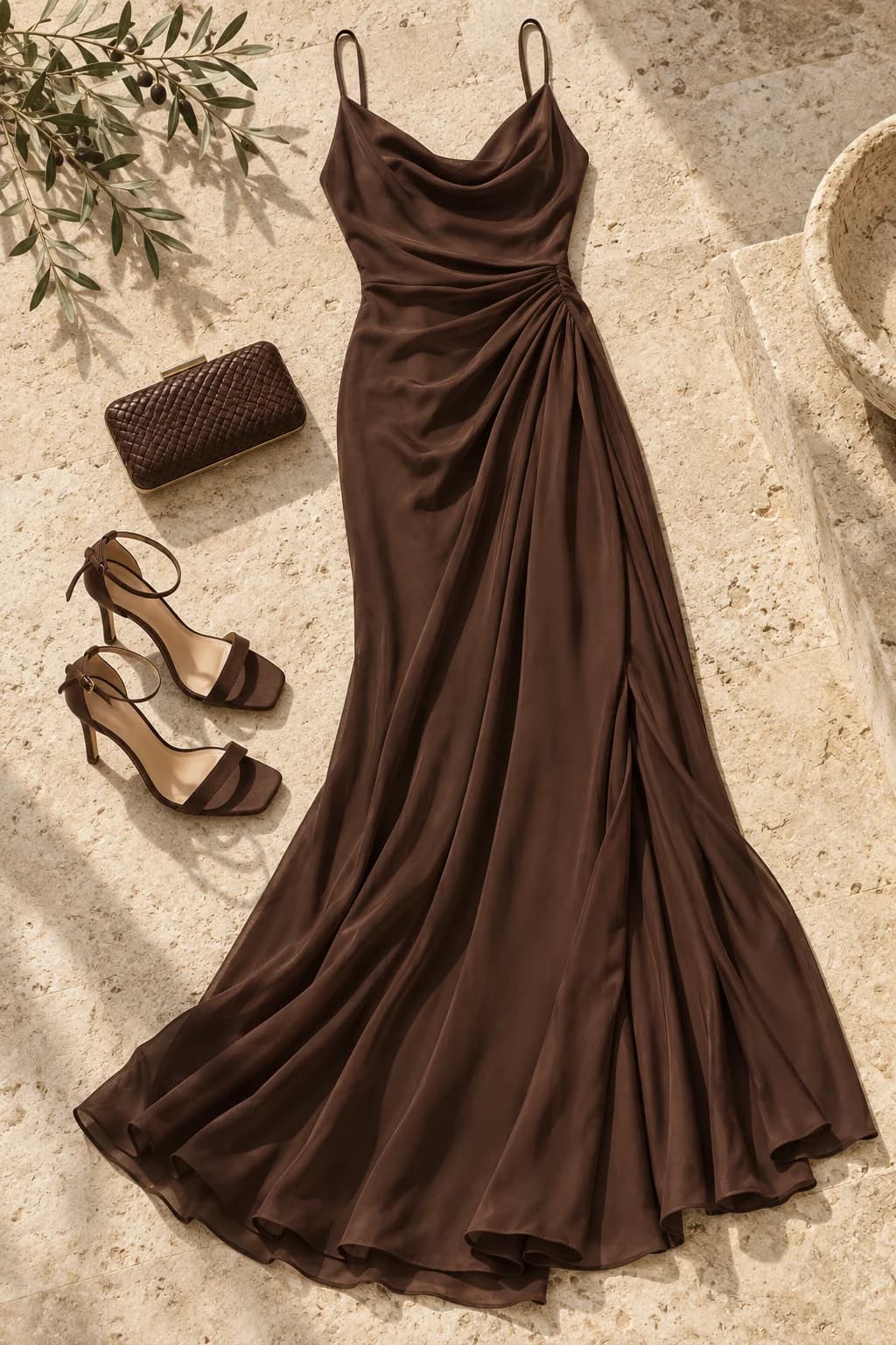 Vestido chocolate y accesorios: composición de prendas creada con GPT