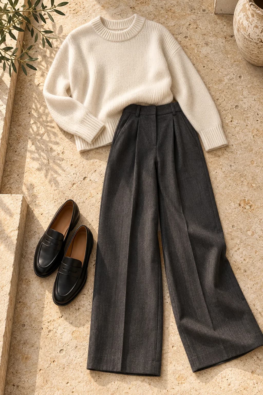 Jersey marfil y pantalón gris: composición de prendas creada con GPT