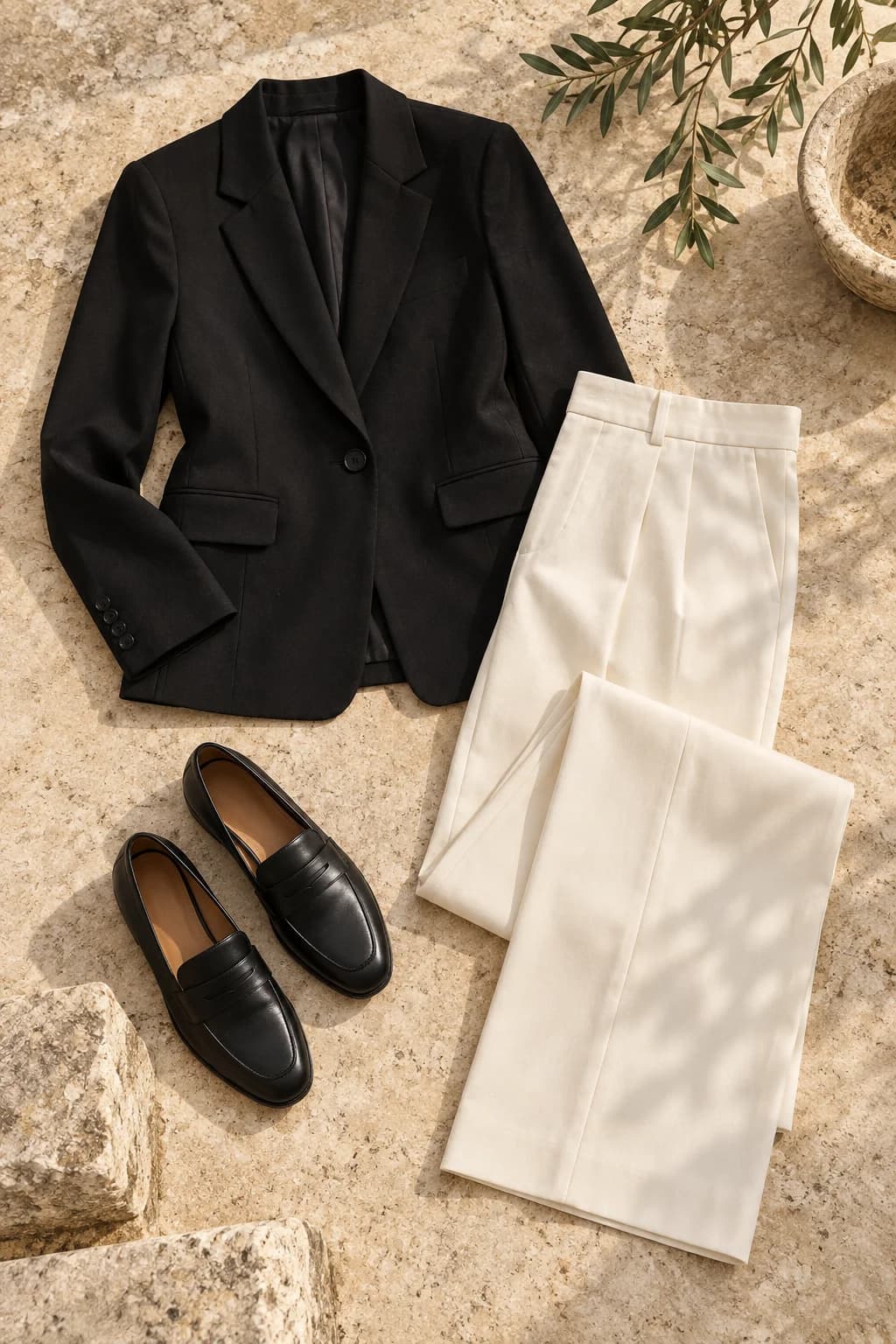Blazer negro y pantalón crudo: composición de prendas creada con GPT
