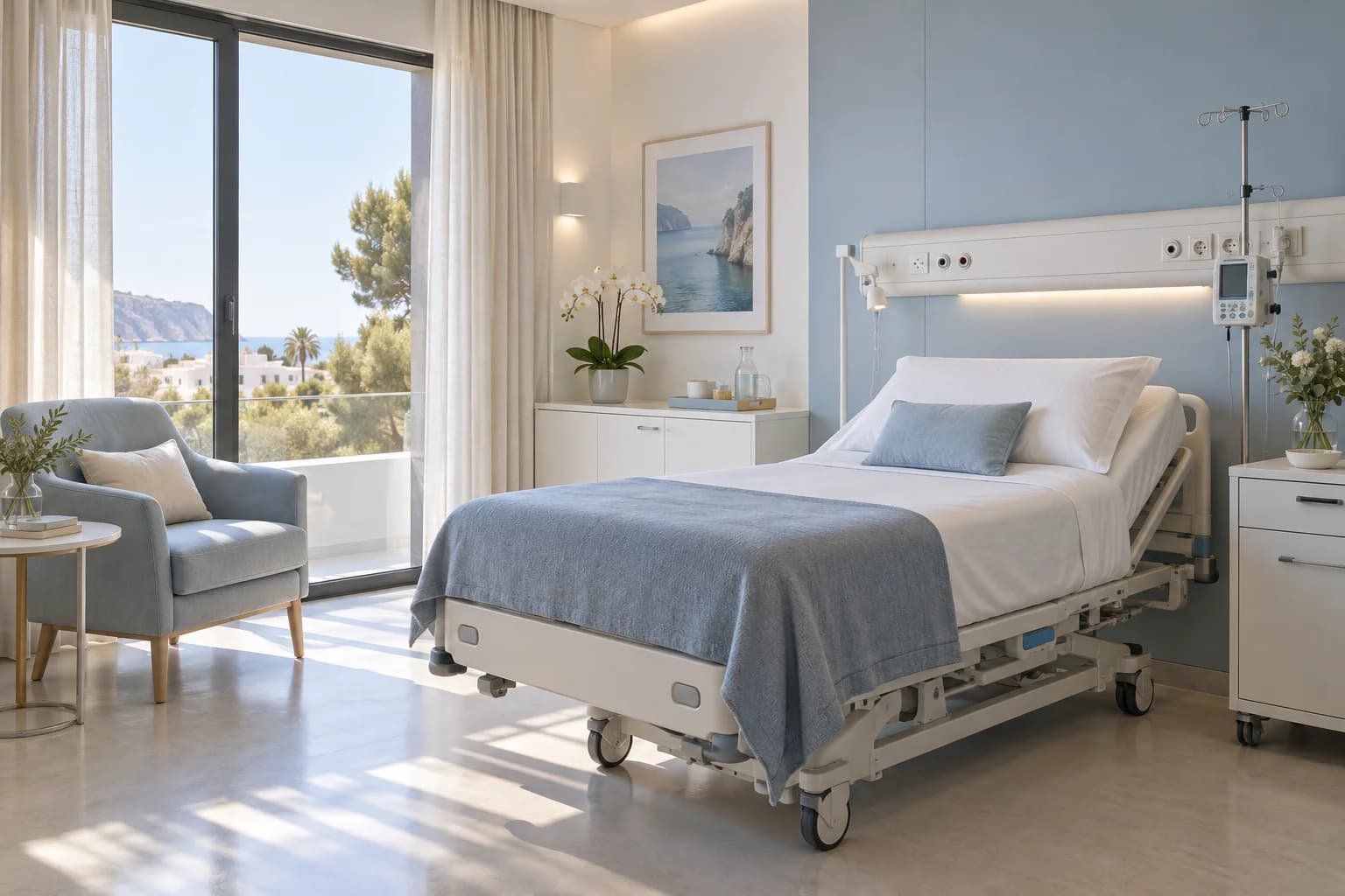 Sala de recuperación con sillón reclinable, manta doblada y luz de tarde