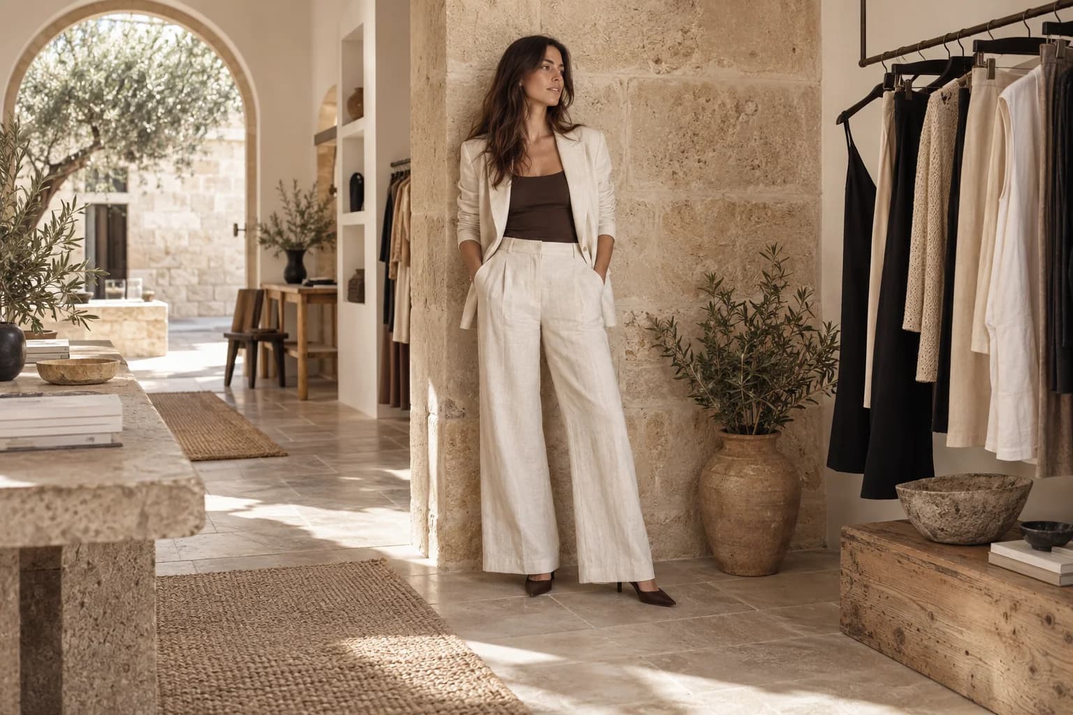 Imagen editorial de moda creada con GPT para la boutique ficticia Mares